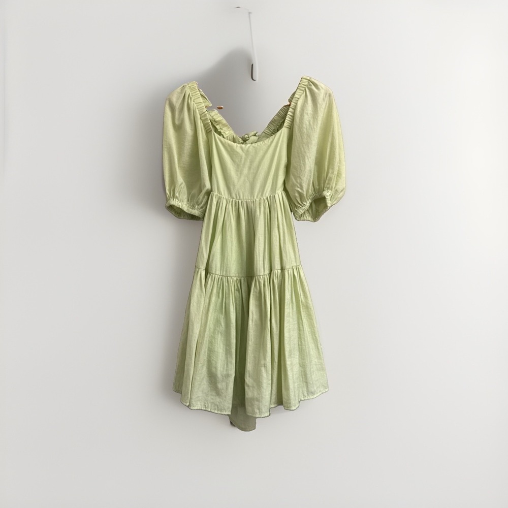 Mable Mini Dress S Tie Back Cottagecore Puff Sleeve Square Neck Green
